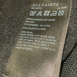 All Saints Hoodie Mens S Black Merino Wool Long Sleeve Mode Zip Jacket Sweater